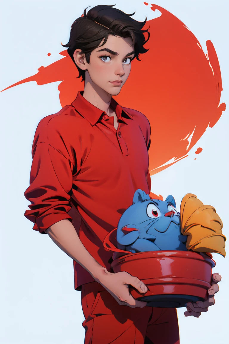 male character , short dark hair, Disney style , friendly , happy ,looking at the viewer , high qualiy , WEARING PLAIN RED POLO SHIRT , white background , well-defined , fully body