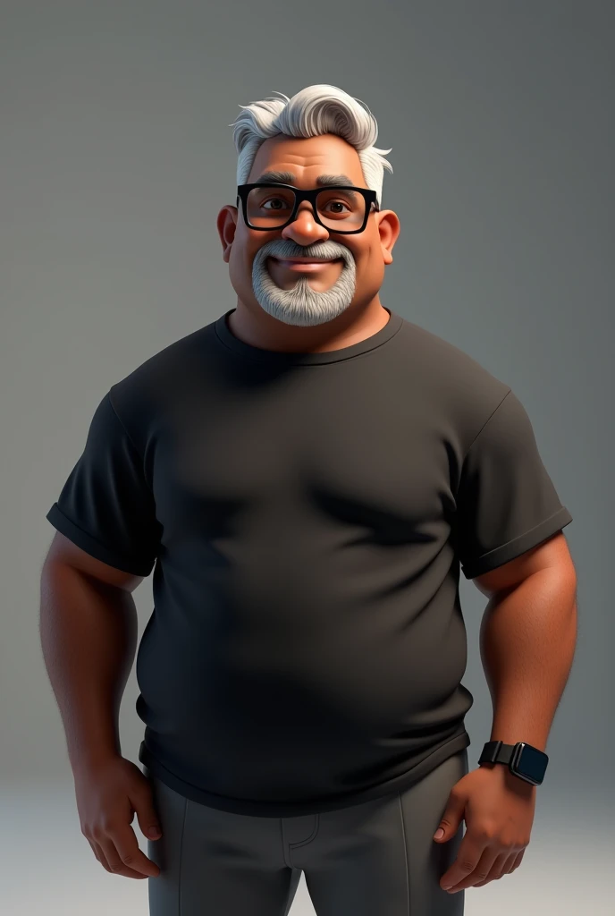 Create a stylized 3D cartoon character of a middle-aged black man with very short hair, wearing modern black glasses. The character should have a broad build but without a belly or muscular physique, and a friendly expression, but not smiling. His skin tone is dark brown with a warm undertone. The man has only two prominent vertical wrinkles on his forehead between his eyebrows. His beard is trimmed and sparse, with more white hairs on the chin and the rest being dark gray. His hair is gray, extremely short on top, styled to the right side, and shaved on the sides. The man has hairy arms and does not wear any accessories or jewelry, except for a black smartwatch. He is looking directly at the camera, not cross-eyed, and not smiling. The man is dressed in an oversized black t-shirt and dark gray pants without a belt. The character should be rendered in a stylized, animation-style, with a Pixar-like quality, using Arnold Maya render or toon Keyshot render. The rendering should be high quality, with cinematic lighting, sharp focus, detailed textures, detailed skin, clay-like finish, and bokeh effects in 8K resolution.
