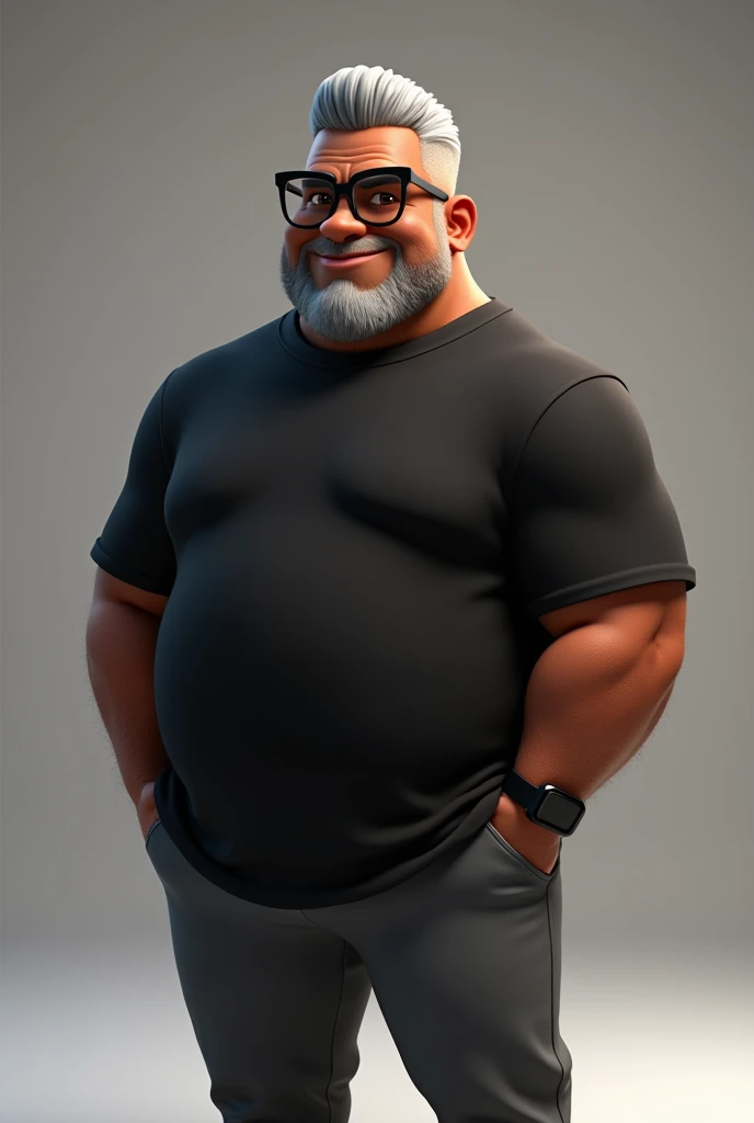 Create a stylized 3D cartoon character of a middle-aged black man with very short hair, wearing modern black glasses. The character should have a broad build but without a belly or muscular physique, and a friendly expression, but not smiling. His skin tone is dark brown with a warm undertone. The man has only two prominent vertical wrinkles on his forehead between his eyebrows. His beard is trimmed and sparse, with more white hairs on the chin and the rest being dark gray. His hair is gray, extremely short on top, styled to the right side, and shaved on the sides. The man has hairy arms and does not wear any accessories or jewelry, except for a black smartwatch. He is looking directly at the camera, not cross-eyed, and not smiling. The man is dressed in an oversized black t-shirt and dark gray pants without a belt. The character should be rendered in a stylized, animation-style, with a Pixar-like quality, using Arnold Maya render or toon Keyshot render. The rendering should be high quality, with cinematic lighting, sharp focus, detailed textures, detailed skin, clay-like finish, and bokeh effects in 8K resolution.
