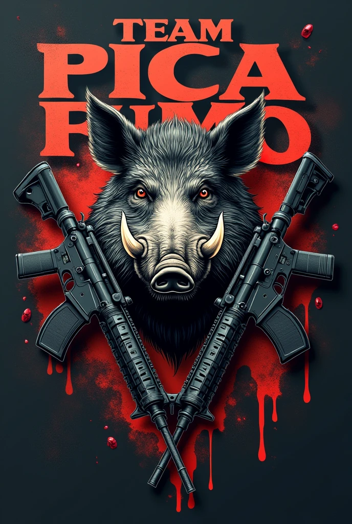 CREATE A MILITARY STYLE LONG SLEEVE T-SHIRT WITH YOUR LOGO WRITTEN ON IT "TEAM PICA FUMO AND A BOAR , RIFLES 556 , SHOOTING HOLES , APPEARANCE OF DRIPPING BLOOD PRINTED ON THE T-SHIRT