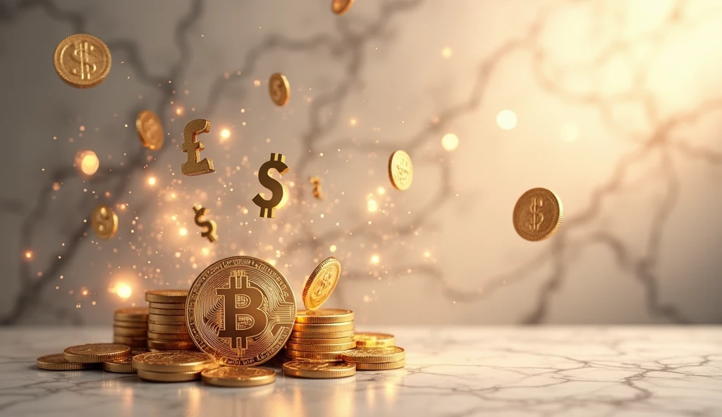 Business style image in coffee colors, translucent graphics fly around the image in different places, dollar signs, cryptocurrencies and euro, the background is a solid marble pattern