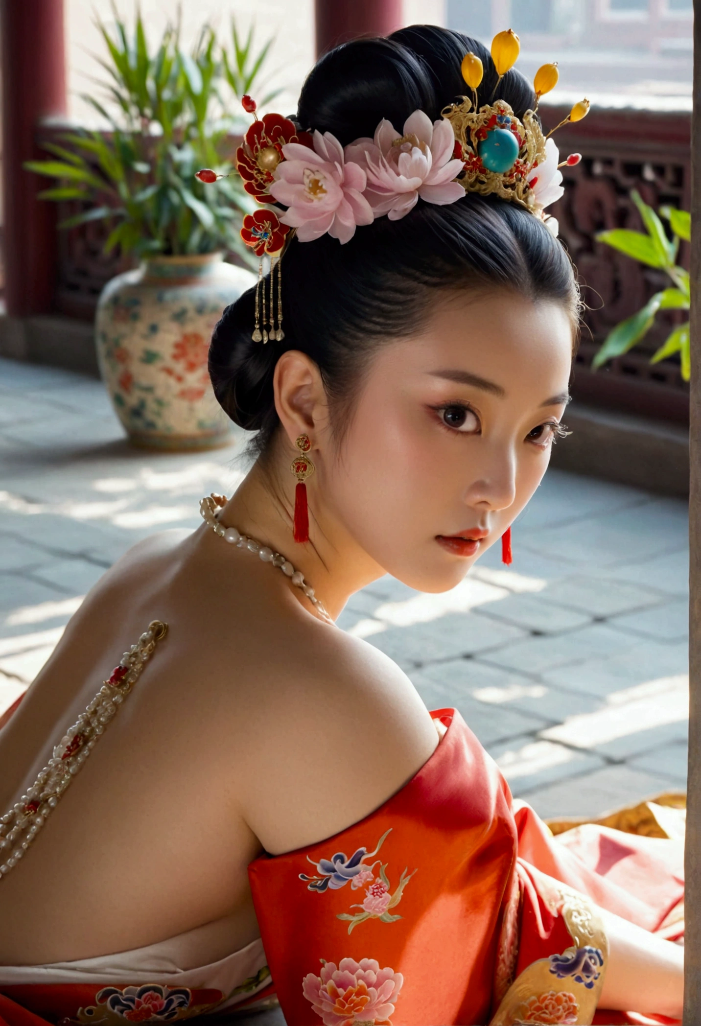 A woman seen from the front, bent over on the ground facing forward, legs spread apart, busty and naked, wearing a crown and showing her thighs and feet from below, in the Chinese imperial court of the Qing dynasty.。She is completely naked, showing off her gorgeous large flowers and hairpins, her hair tied up and pulled up, and the background is the stone paving of the Chinese palace of the Qing Dynasty.