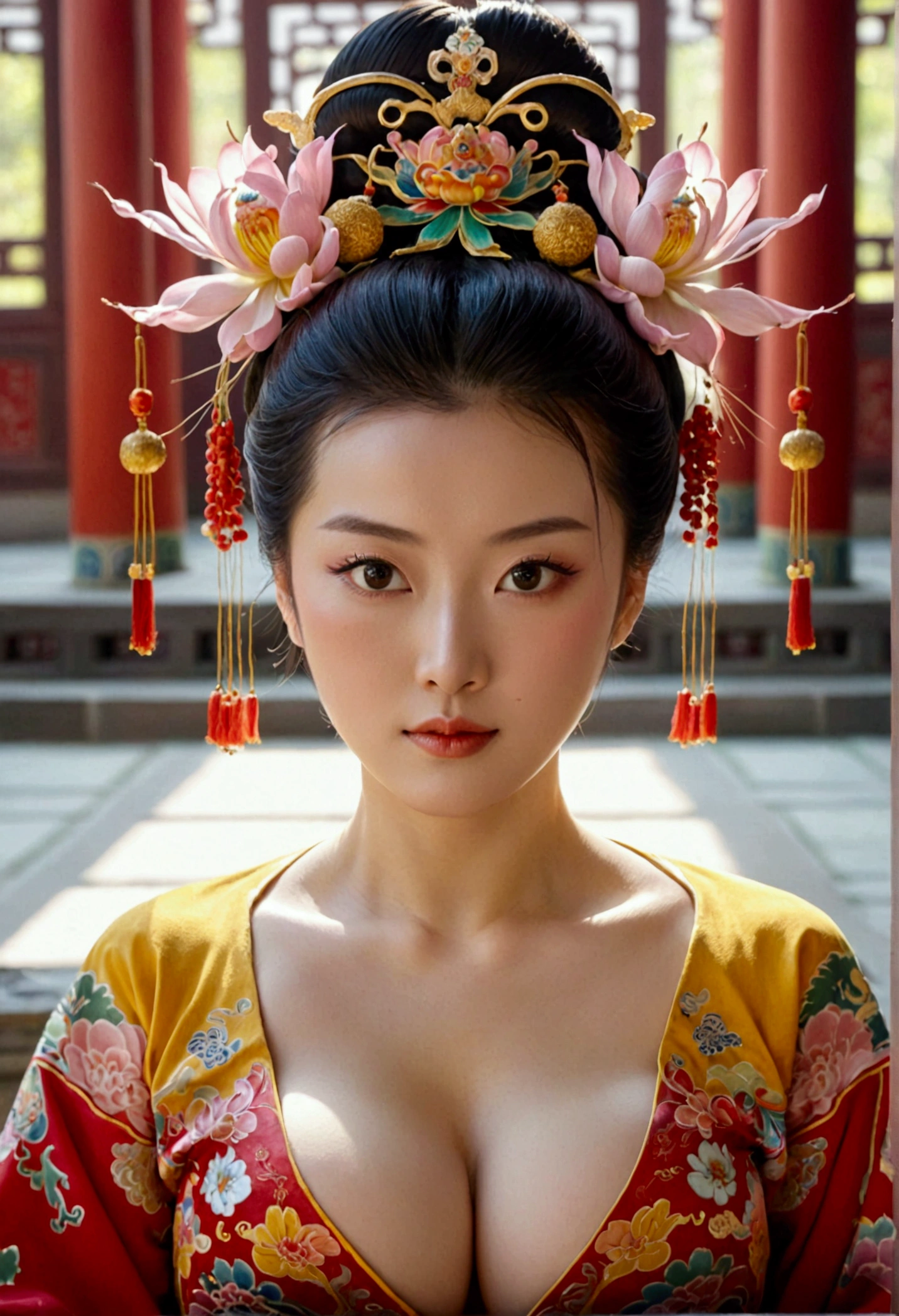 A woman seen from the front, bent over on the ground facing forward, legs spread apart, busty and naked, wearing a crown and showing her thighs and feet from below, in the Chinese imperial court of the Qing dynasty.。She is completely naked, showing off her gorgeous large flowers and hairpins, her hair tied up and pulled up, and the background is the stone paving of the Chinese palace of the Qing Dynasty.