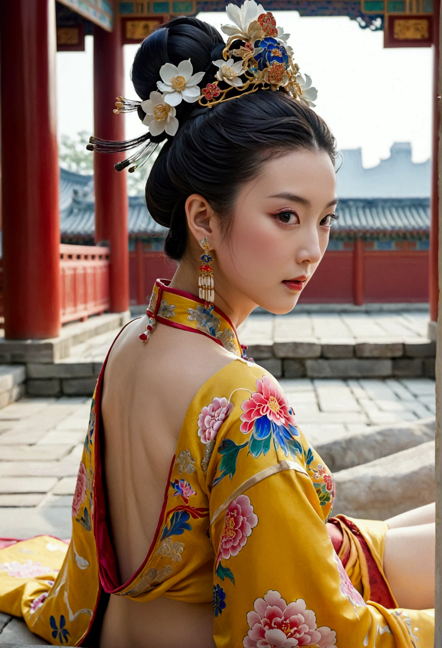A woman seen from the front, bent over on the ground facing forward, legs spread apart, busty and naked, wearing a crown and showing her thighs and feet from below, in the Chinese imperial court of the Qing dynasty.。She is completely naked, showing off her gorgeous large flowers and hairpins, her hair tied up and pulled up, and the background is the stone paving of the Chinese palace of the Qing Dynasty.
