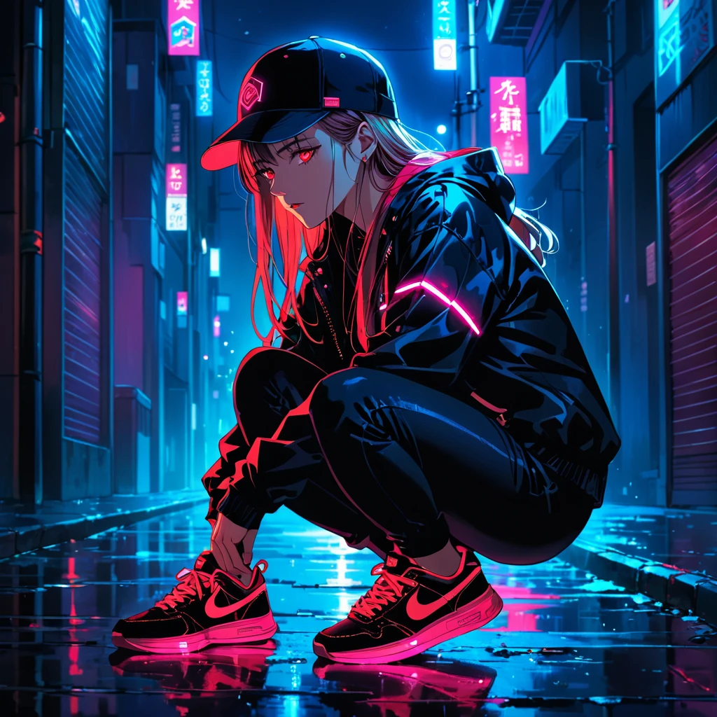 An anime-style illustration of a woman crouching in the dark, looking straight ahead with her face hidden by a cap. She is wearing a street-style jacket and sneakers, both highlighted with fluorescent red, making them visible in the dark.
redeyes,
High resolution, masterpiece, accurate, 最high quality, High detail, high quality, Very detailed, dark,longhair