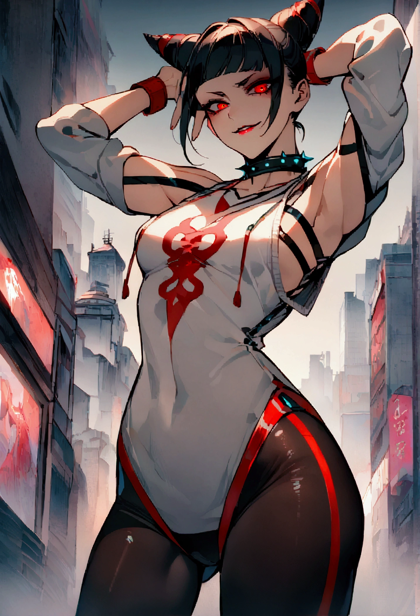 standing,alone,short hair,work of art,face detailed,young fitness linda,Wearing black pantyhose,tight white sweater with collar ,neckleace,evil smile,red eyes glowing,labiaa,eye shadow,bangs on the eyes,Hands behind the head ,background city
