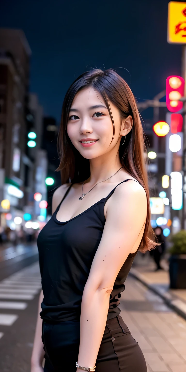 1 person, Tokyo Street,night, Streetscape,City lights,Upper Body,close,smile,, (8k, RAW Photos, Highest quality, masterpiece:1.2),(Realistic, photo-Realistic:1.37),