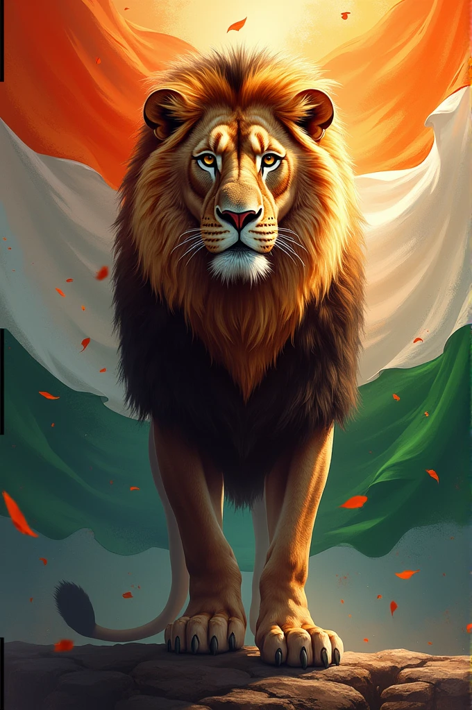 Creat a digital illustration of lion surrounded by the colour of national flag with wishesh written in hindi and also a black blank box to edit my photo