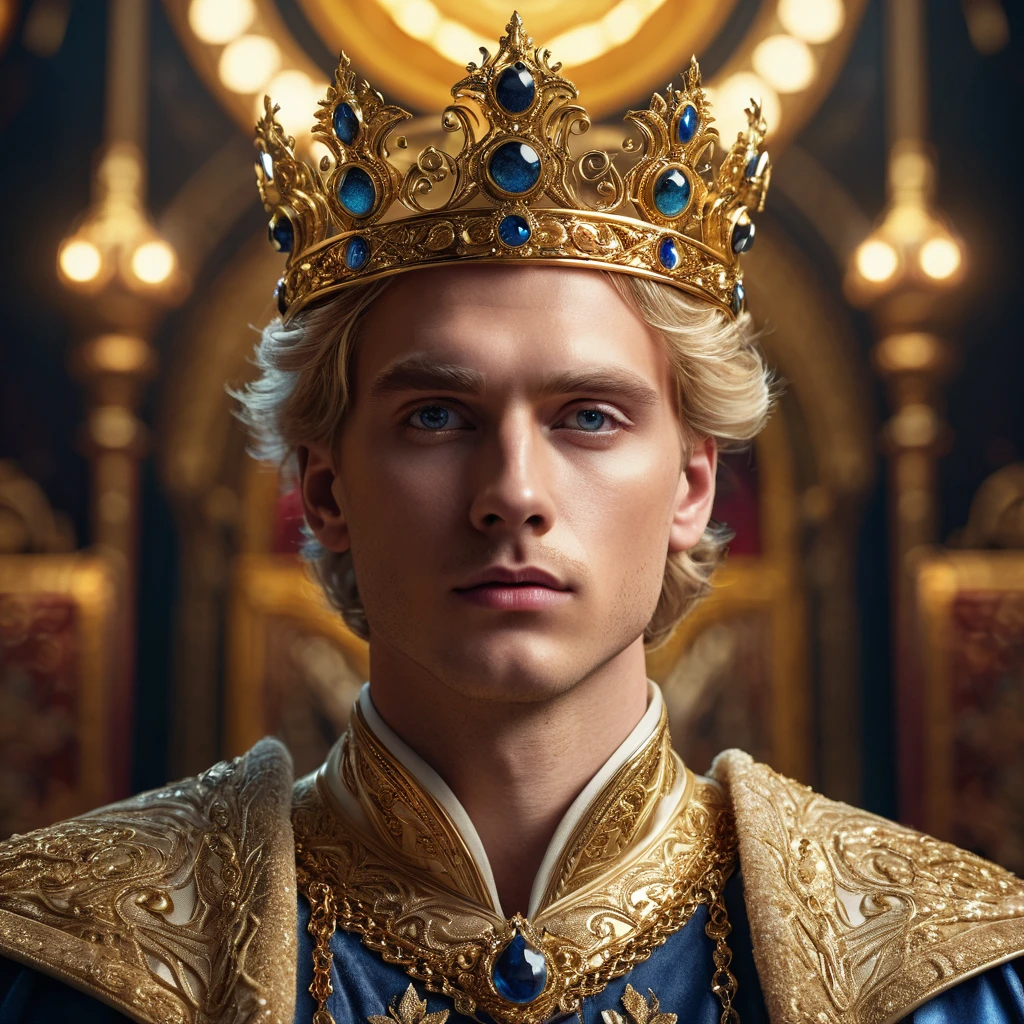 a blond man with universe eyes, detailed facial features, detailed eyes, extremely detailed face, detailed lips, wearing a crown, royal robes, ornate golden details, majestic pose, dramatic lighting, cinematic, epic, fantasy, digital art, concept design, high resolution, 8k, photorealistic