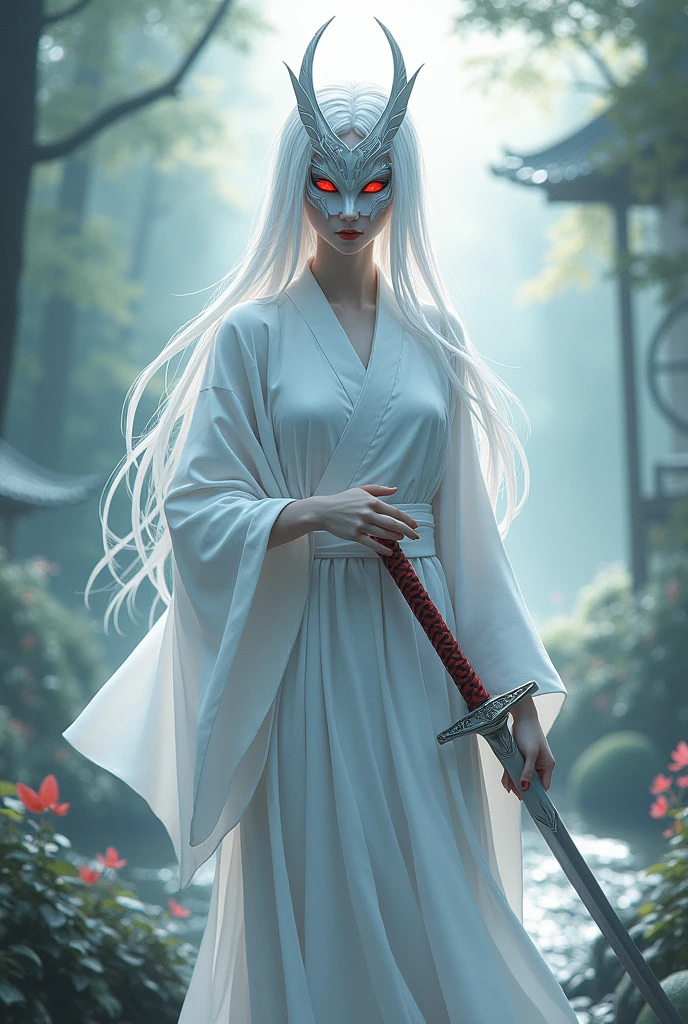 Red eyes, white hair, Japanese-style mask, swordsman, androgynous, white kimono, male