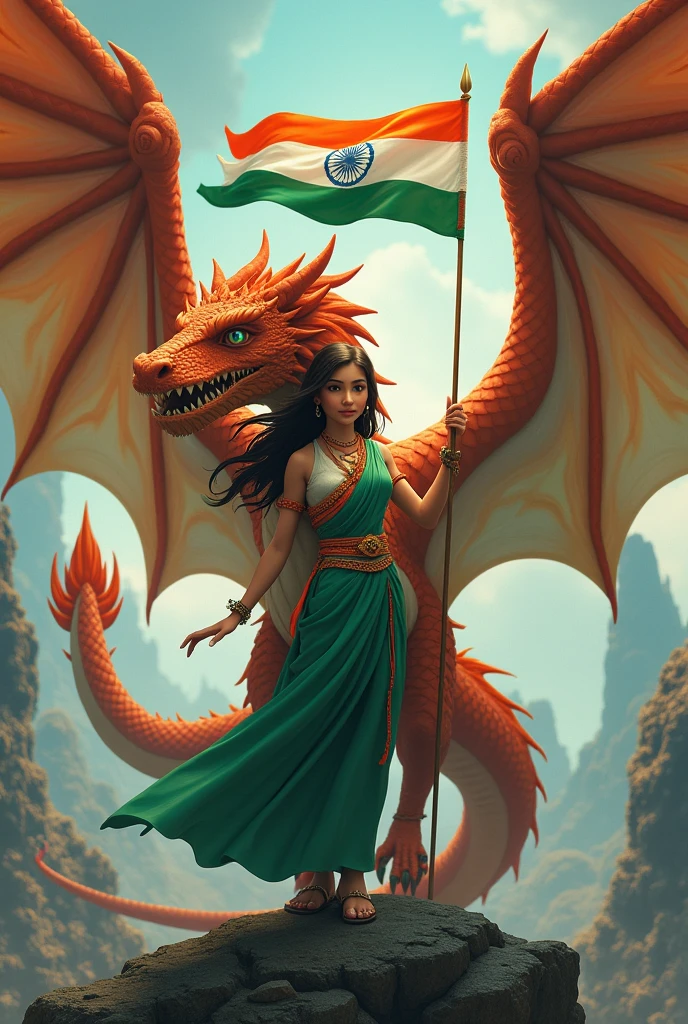 Prompt “Illustration with an Indian flag in hand of beautiful girl. A ferocious dragon caring her. The text "Shailja" waving and she has Indian tricolor wings. ‘Create a 3D illusion profile picture in 4K.”