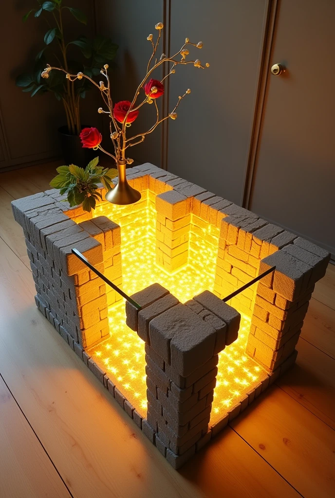 Handcrafted rectangular table featuring a reflective glass top that creates a stunning visual effect resembling an endless tunnel, illuminated from within by warm yellow LED lighting.. The sides are covered with a material that simulates the appearance of grey bricks with a three-dimensional texture.. The table is decorated with simple decorations such as small plants and a golden candlestick containing a red rose.. The table is placed on a light-colored wooden floor.. The table design combines simplicity and elegance with a touch of modernity, making it a distinctive piece of art in any room.