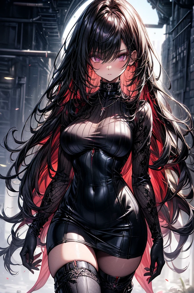 Raw photo, masterpiece, best quality, ultra-detailed, high resolution, extremely detailed CG, unity 8k wallpaper, official art, production art, novel illustration, caustics, textile shading, super detailed skin, perfect anatomy, detailed, cinematic lighting, dynamic lighting, 4k image, anime style, beautiful young girl, casual backless oversized cable knitted sweater, thigh-high heeled boots, sharp facial features, lightly tanned white skin, oval shaped face, arrogant and disdainful expression, cherry pink lips. big dark and mesmerizing velvet colored eyes, sleek abyss like dark violet-black hair, 18 year old, solo girl, C-cup breasts, beautiful distinct image, hourglass figure, tall height(180cm). slim curves, narrow waist, perky round ass, casual forestry and nature modern setting
