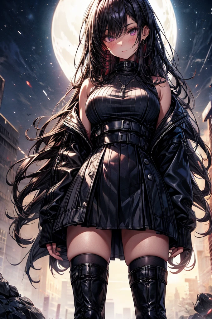 Raw photo, masterpiece, best quality, ultra-detailed, high resolution, extremely detailed CG, unity 8k wallpaper, official art, production art, novel illustration, caustics, textile shading, super detailed skin, perfect anatomy, detailed, cinematic lighting, dynamic lighting, 4k image, anime style, beautiful young girl, casual backless oversized cable knitted sweater, thigh-high heeled boots, sharp facial features, lightly tanned white skin, oval shaped face, arrogant and disdainful expression, cherry pink lips. big dark and mesmerizing velvet colored eyes, sleek dark violet-black hair, 18 year old, solo girl, C-cup breasts, beautiful distinct image, hourglass figure, tall height(180cm). slim curves, narrow waist, perky round ass, casual forestry and nature modern setting