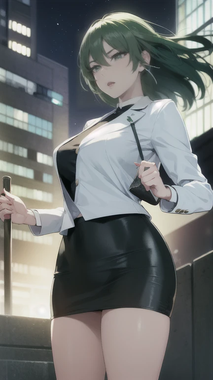cheered up、A park in an office district at night、Woman standing alone、green fur、white short jacket、black underwear、Black Leather Tight Skirt、black stockings、white heels、Listening to music through headphones、The wind blows、
