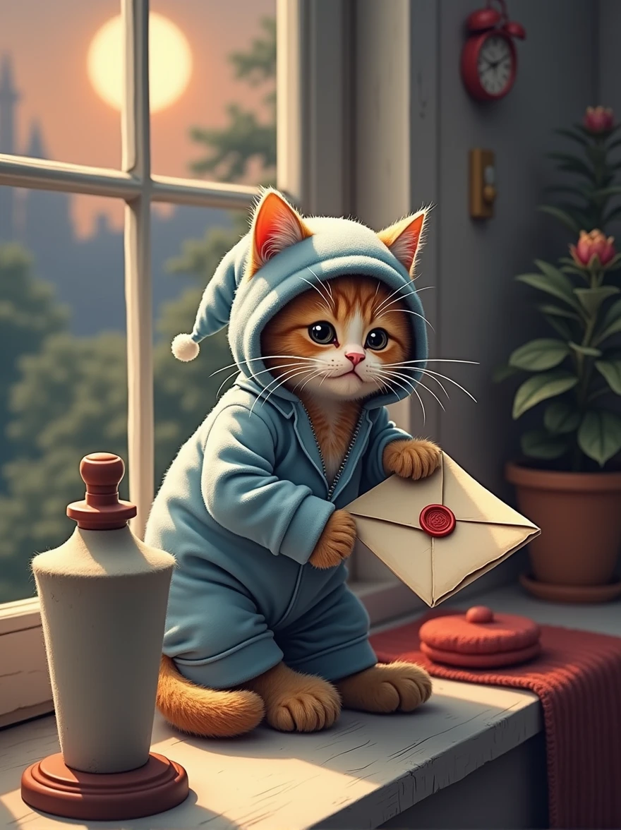 The cat is by the window at home, dressed in light blue pajamas with a small sleeping cap on its head and soft slippers on its feet. It’s holding an old envelope with a red seal. The moonlight streaming through the window adds a touch of mystery to the scene.
