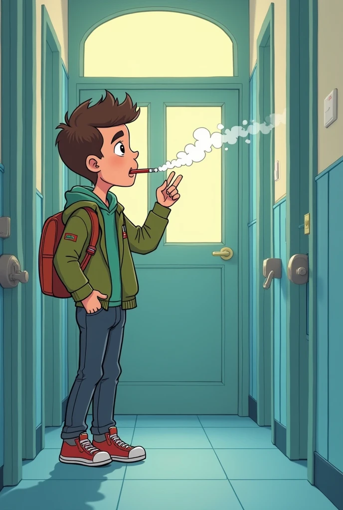 make an animated cartoon of teenagers smoking e-cigarettes in the school bathroom 