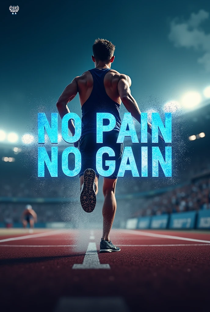 I would like an image in 1080 x 1350, with the following sentence in the center of it "No Pain No Gain" in blue with fragmentation effects, in the background of the image, something that is motivating and draws attention related to sport, Maybe a blurred person that you notice is trying hard like a race or some Olympic sport