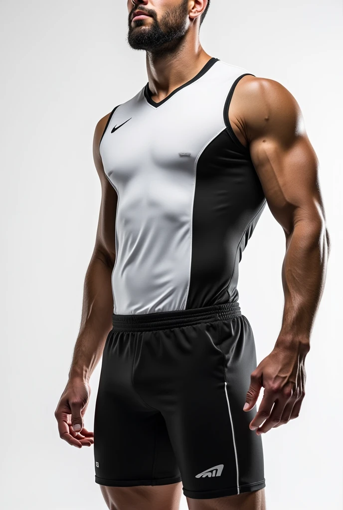 Um uniforme de volleyball masculino preto e branco com mangas
