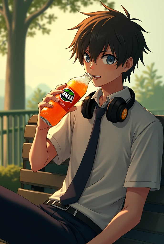 Makoto from Persona 3 drinking an orange-flavored Fanta