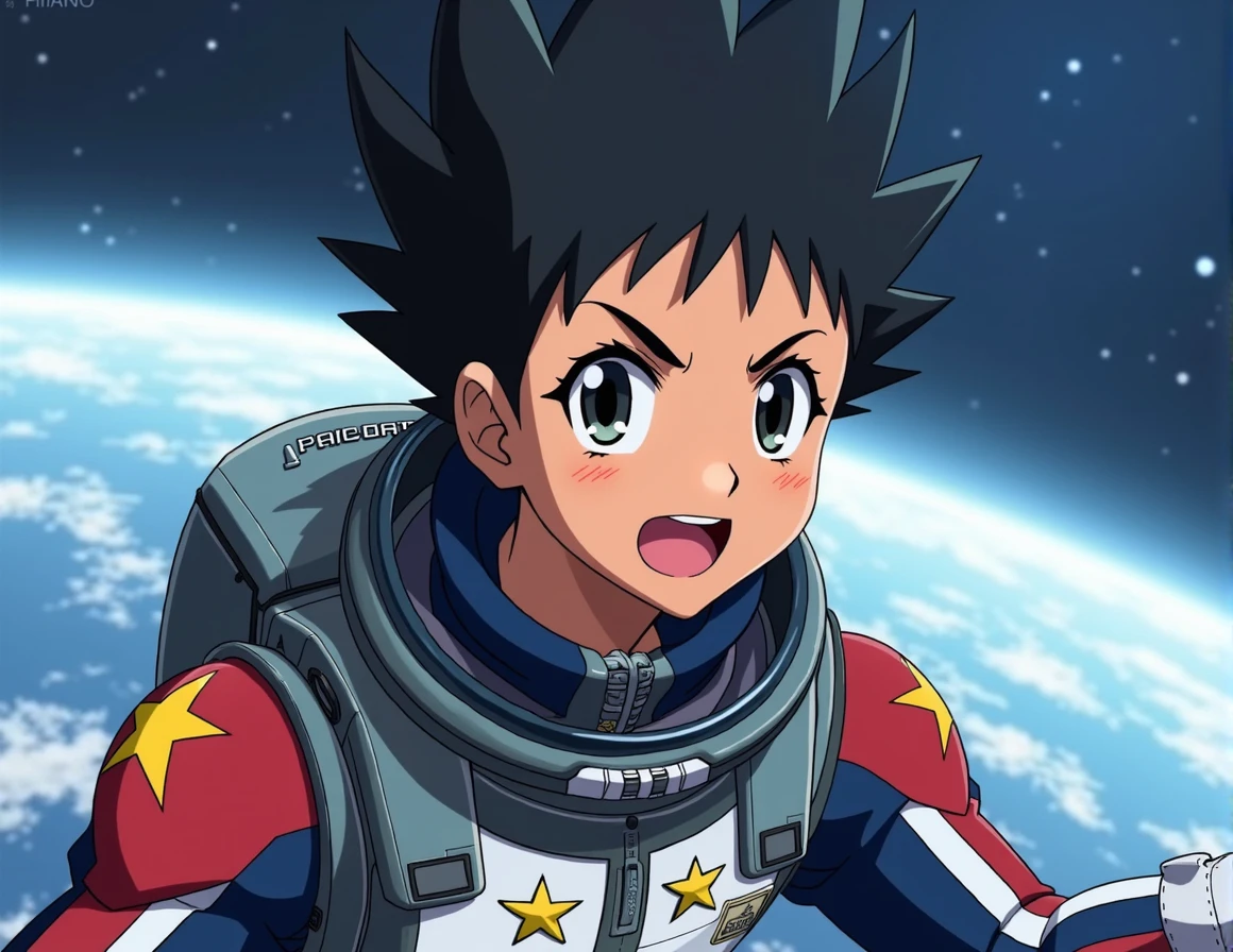 make a anime styled space pilot that has brown light brown skin that is a pacific islander, with black ?????? hair and golden start decals on the space suit