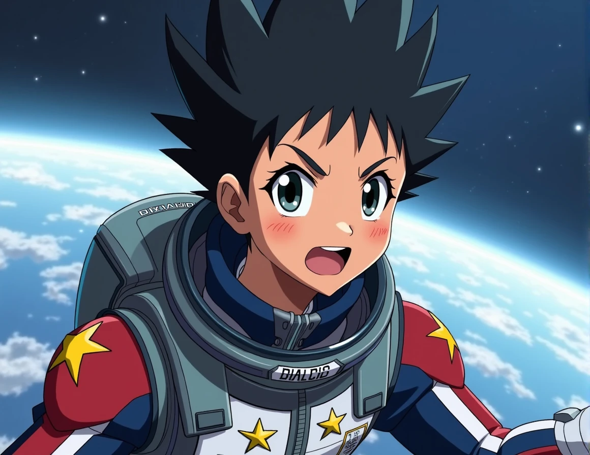 make a anime styled space pilot that has brown light brown skin that is a pacific islander, with black spikey hair and golden start decals on the space suit