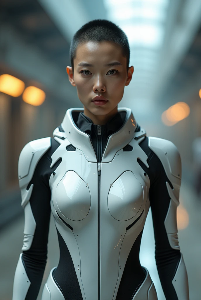 Arafed woman in futuristic suit standing in room with many metal objects, still from Prometheus, Huang Ding, white russian clothes, beauty contest rendering, mesh headdress, machine elves, luxury advertising, shoulders can be seen, cyber patterns, still from movie --ar 16:9