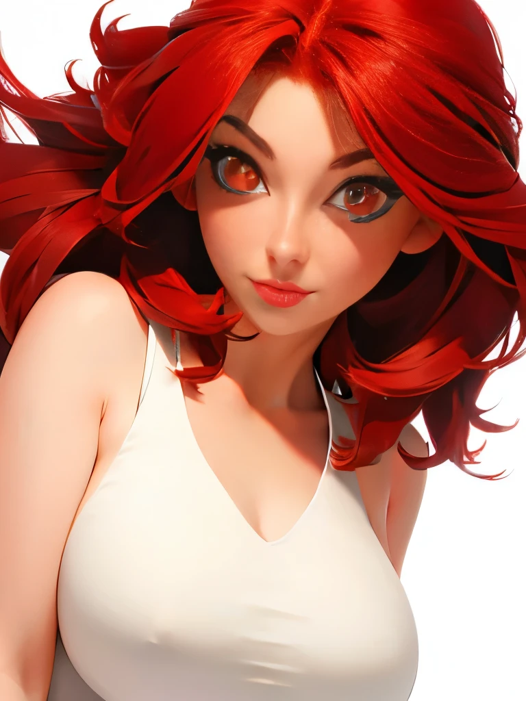 1girl, mature, red hair, red eyes, large breasts:1, white dress, simple background,