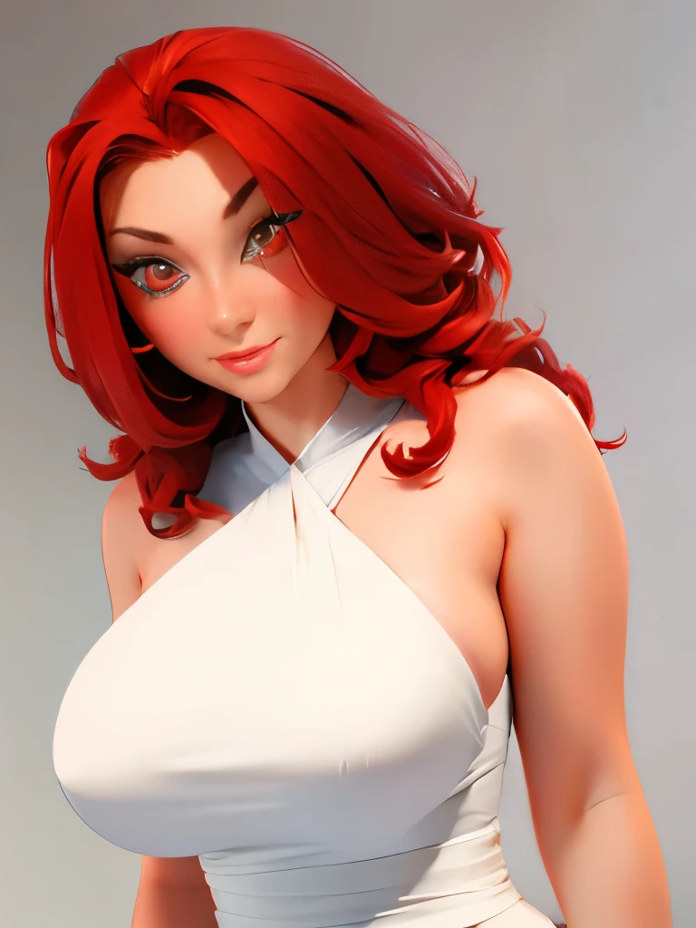 1girl, mature, red hair, red eyes, large breasts:1, white dress, simple background,