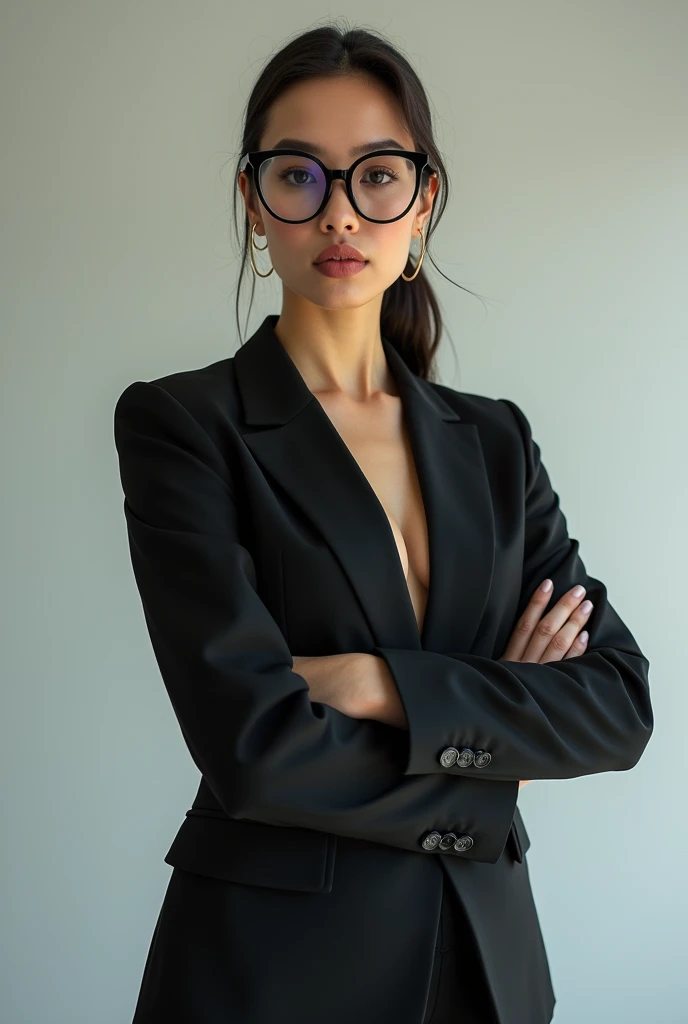 there is a woman in a black suit and glasses posing for a picture, a stock photo inspired by Hedi Xandt, featured on reddit, process art, with glasses, wearing a strict business suit, thick glasses, in suit with black glasses, big glasses, low cut top, nerdy appearance, wearing a suit and glasses, cleavage, ready for a meeting