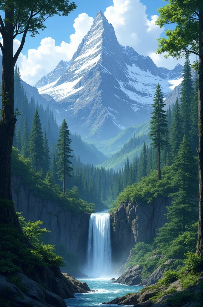 landscape mountain and green dense forest with waterfall