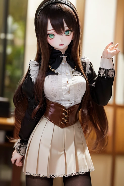 (SFW:2), photorealistic, realistic photo, 8k, ((highest quality)), ((masterpiece)), (extremely detailed), kukolnydom, doll, (mature woman, 21yo, 21 years old, solo:1.6), ((cowboy shot, contrapposto, slim, slender, skinny, medium breasts, hairband, ascot, vest, blouse, long puff sleeves, pleated skirt, black pantyhose)), (green eyes, brown hair, long hair, plastic skin, looking at another, glass eyes, gradient eyes, shining eyes, detailed eyes:1.3)