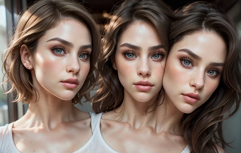 Create a deeply realistic upper body portrait of a woman, ((2heads)), conjoined dicephalus,embracing imperfections in her skin and hair. Zoom in to showcase intricate details. Capture the complexity of her eyes with well-defined irises, conveying depth and emotion. Depict a natural, imperfect texture in her hair, one of them has blonde hair, emphasizing flyaways and individual strands. They are wearing shirt, which is keeping them close. They are side-eyeing each other, facing away from each other.Pay careful attention to the interplay of light and shadow, adding a three-dimensional quality to the portrait. This upper body composition should evoke a sense of genuine beauty in imperfection, striking a balance between realism and artistry,25 years old