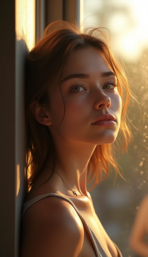 Photorealistic image of a 19 years old Christian Influencer girl, she's in against a modern window with the sun lights reflecting, she's looking straight in front, with a hopeless Sadness face look, lodging for Jesus, So Beautiful Gorgeous Caucasian Brunette Girl, wearing a small cross necklace