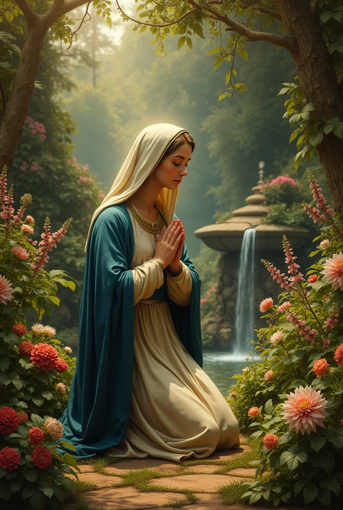 Virgin Mary praying in a garden