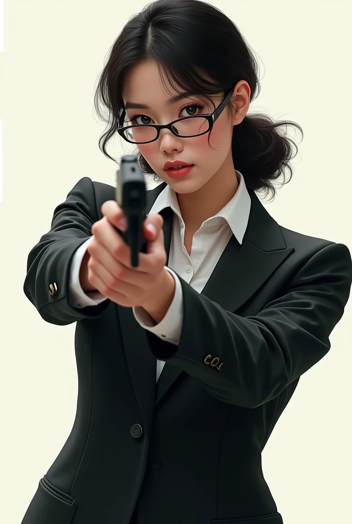 there is a woman in a suit and glasses posing with a gun, a portrait by Jason Chan, trending on Artstation, shin hanga, wearing a strict business suit, in strict suit, elegant posed, in a business suit, wearing tight suit, in a strict suit, lawyer suit, in suit with black glasses, wearing business suit, with glasses