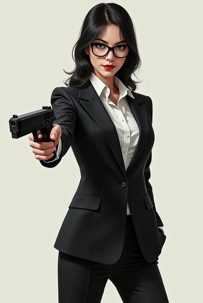 there is a woman in a suit and glasses posing with a gun, a portrait by Jason Chan, trending on Artstation, shin hanga, wearing a strict business suit, in strict suit, elegant posed, in a business suit, wearing tight suit, in a strict suit, lawyer suit, in suit with black glasses, wearing business suit, with glasses