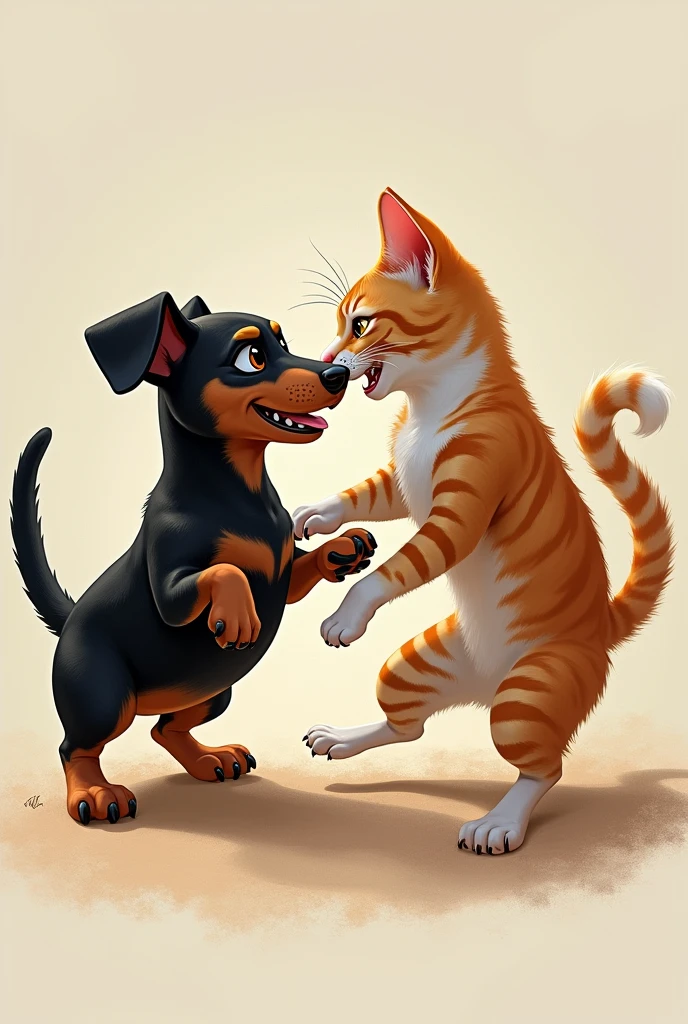 Draw a picture of a miniature dachshund and a cat fighting