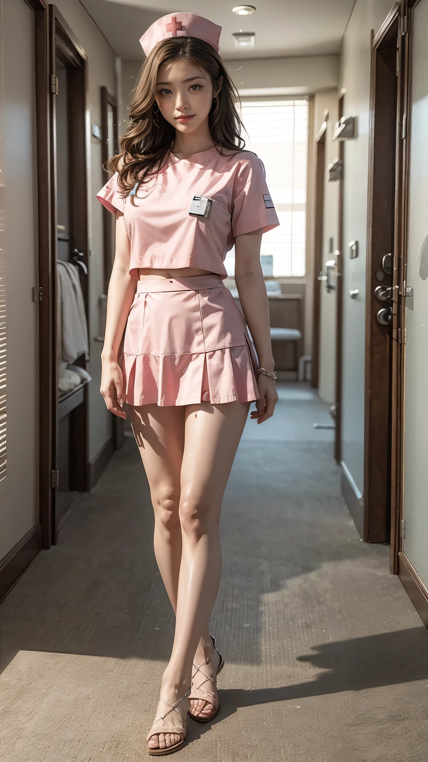 ((Highest quality, Tabletop, Ultra-high resolution、The most complex and detailed depiction))、(Bright lighting:1.1)、(One beautiful woman:1.1)、(Very light wavy hair:1.5)、(Pink Nurse Costume:1.8,Micro Mini Skirt:1.8,Nurse cap:1.8,Nurse Sandals:1.8),、Best smile:1.5，Full Body Shot:1.5，Gray background:1.5，Blonde wavy hair:1.8,Random Blonde:1.8,Curly Hair:1.8,Long Hair:1.5,sleek bangs:1.8,Large Breasts:1.2,gal,Sunburned skin:1.9,Thin fingers:1.5,smile:1.5,The whites of the eyes are clear:1.8,Long, Slender legs:1.8,Calves are thin and long:1.8,Thin ankles:1.8,Thick thighs,Tall:1.3,