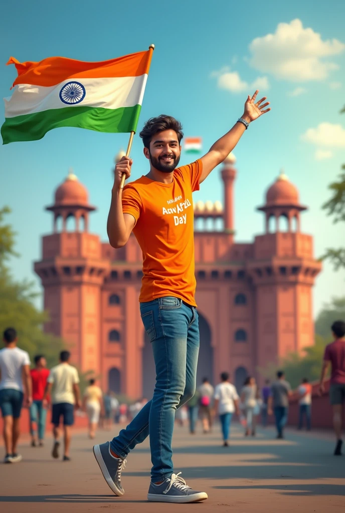 A real 25 years old man, Wearing Orange T shirt blue jeans sneakers and the name “Anam. abu. Afzal. ” is written on his t-shirt and the boy is standing on the road with holding a national flag of India, and behind him is the Red Fort Delhi. And written on sky “Independence Day” Create Realistic image high quality