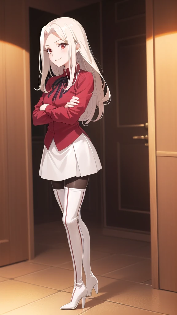 masterpiece, ultra quality, 8K, best quality, absurdres, perfect anatomy, anime_girl, 1girl, solo, Irisviel von Einzbern, red eyes, long hair, red shirt, dress shirt, black thigh high boots, heels, white skirt, pantyhose, cowboy shot, standing, smile, indoors, crossed arms, room, night, quiet environment, sofa,
skinny legs, excellent facial features, A pretty girl, beautiful appearance,