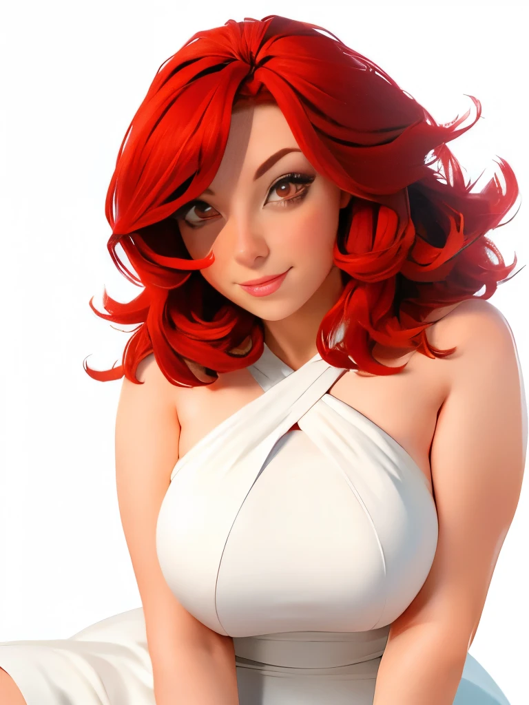 1girl, mature, red hair, red eyes, large breasts:1, white dress, simple background,