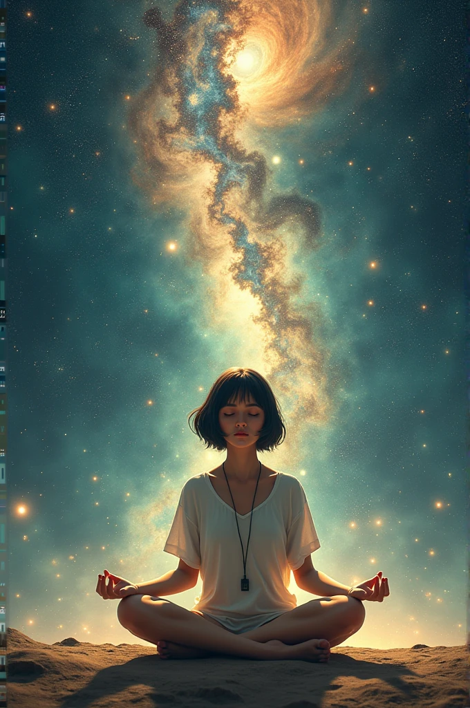 A short-haired girl with Spanish features sitting on the floor meditating with the universe in the background