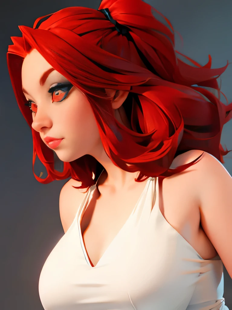 1girl, mature, red hair, red eyes, large breasts:1, white dress, simple background,