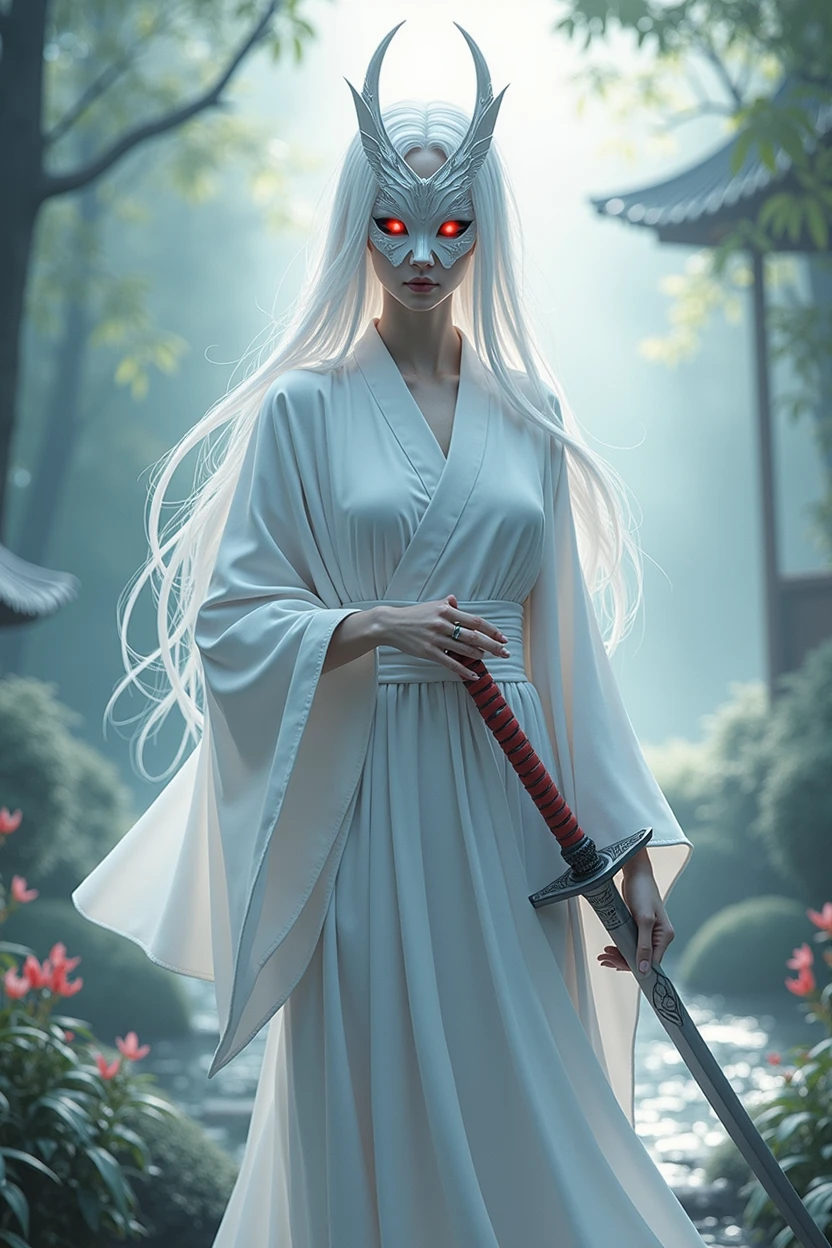 Red eyes, white hair, Japanese-style mask, swordsman, androgynous, white kimono, male