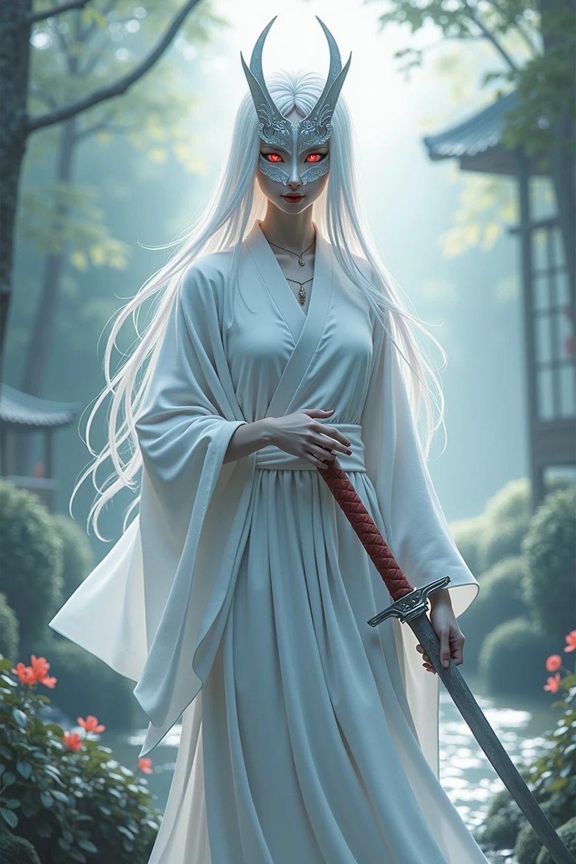 Red eyes, white hair, Japanese-style mask, swordsman, androgynous, white kimono, male