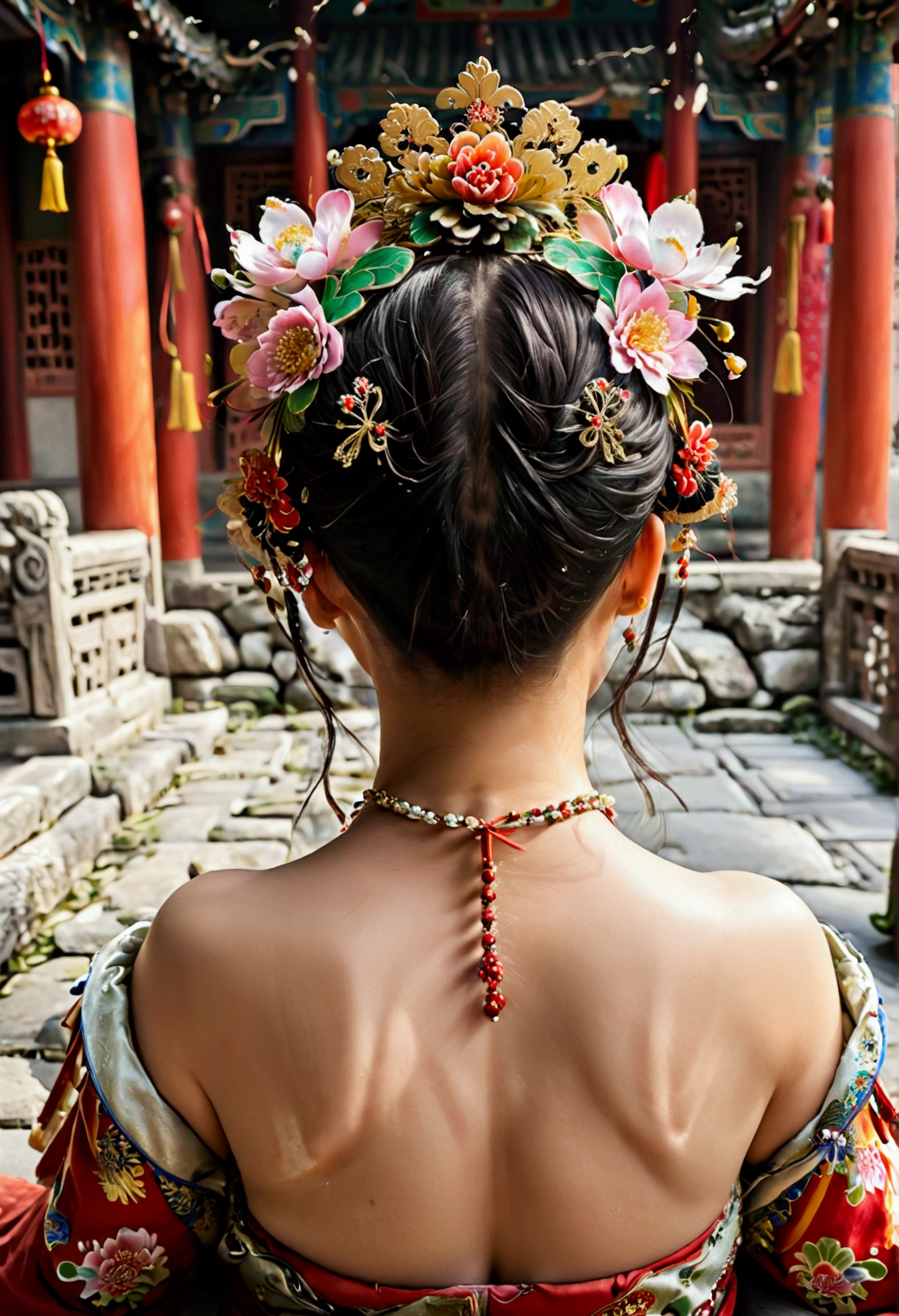 A woman seen from the front, bent over on the ground facing forward, legs spread apart, busty and naked, wearing a crown and showing her thighs and feet from below, in the Chinese imperial court of the Qing dynasty.。She is completely naked, showing off her gorgeous large flowers and hairpins, her hair tied up and pulled up, and the background is the stone paving of the Chinese palace of the Qing Dynasty.