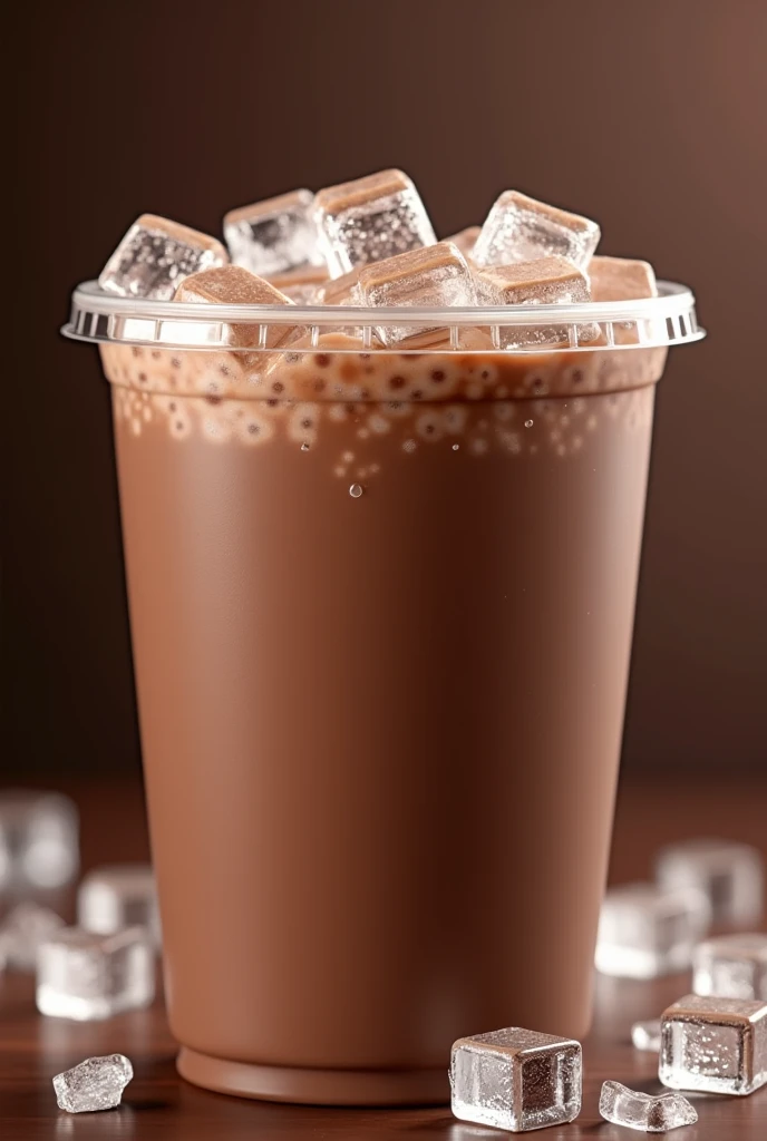 In a big cup with lid, 32 oz size, chocolate milk drink with full of ice, realistic, 18k