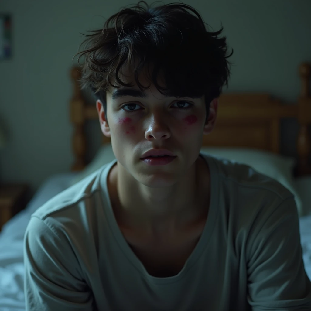A shocking image of an exhausted young man, wrinkled, perspiring, wearing no shirt, is in desperation seeking success, looking straight ahead, expression frustrated by seeking success and not achieving it, in the background a television with the Netflix logo, bottle of whiskey around and a bed with a naked prostitute lying on it, symbolizing the distractions that prevent you from achieving success, Cinematic realistic illustration.