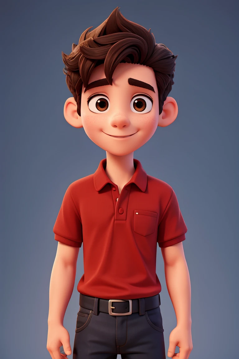 male character , short dark hair, Disney style , friendly , happy ,looking at the viewer , high qualiy , WEARING PLAIN RED POLO SHIRT , white background , well-defined , fully body